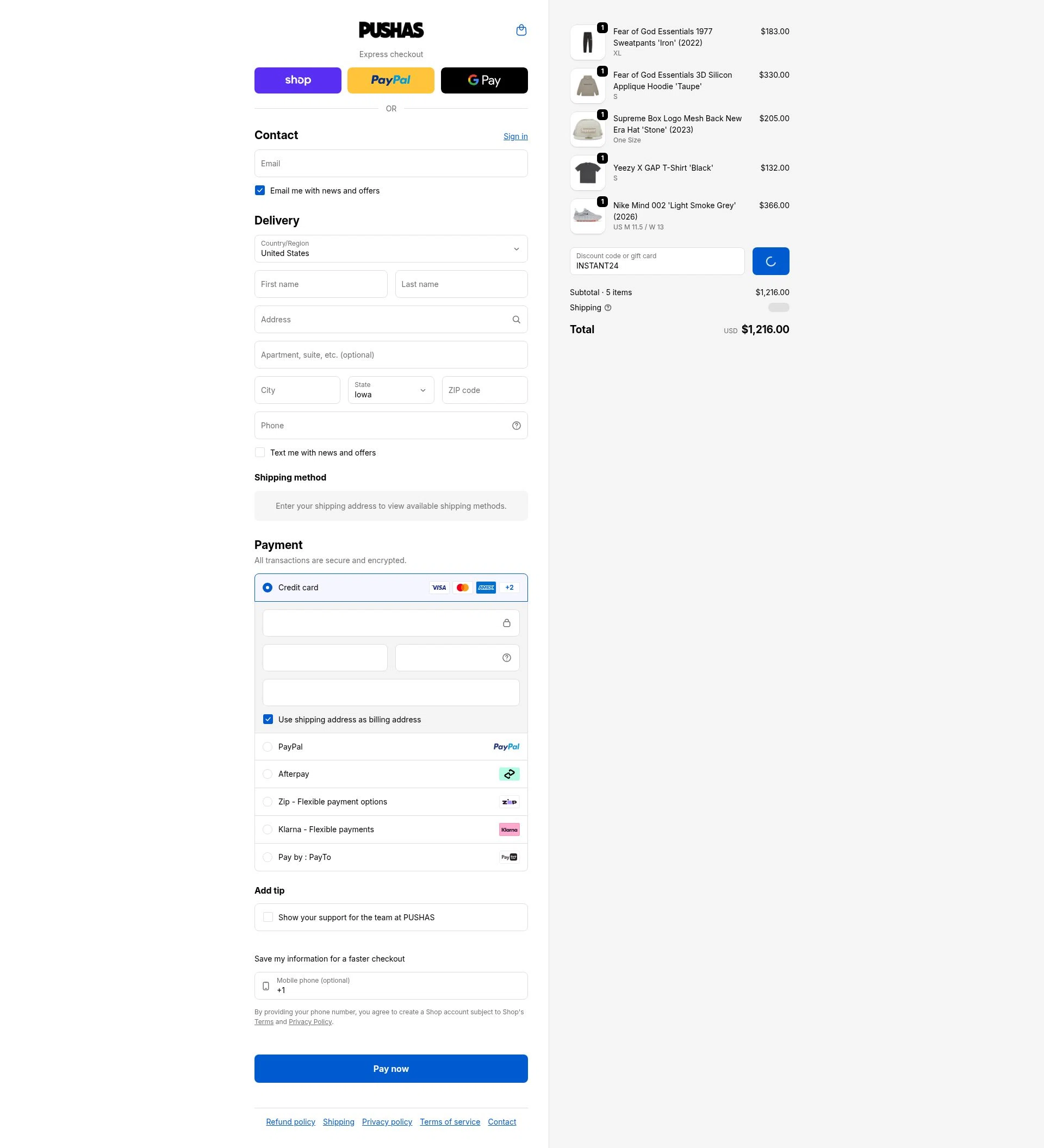 PUSHAS checkout page showing PUSHAS discount code box | Screenshot taken by SimplyCodes community member on Feb 4, 2026