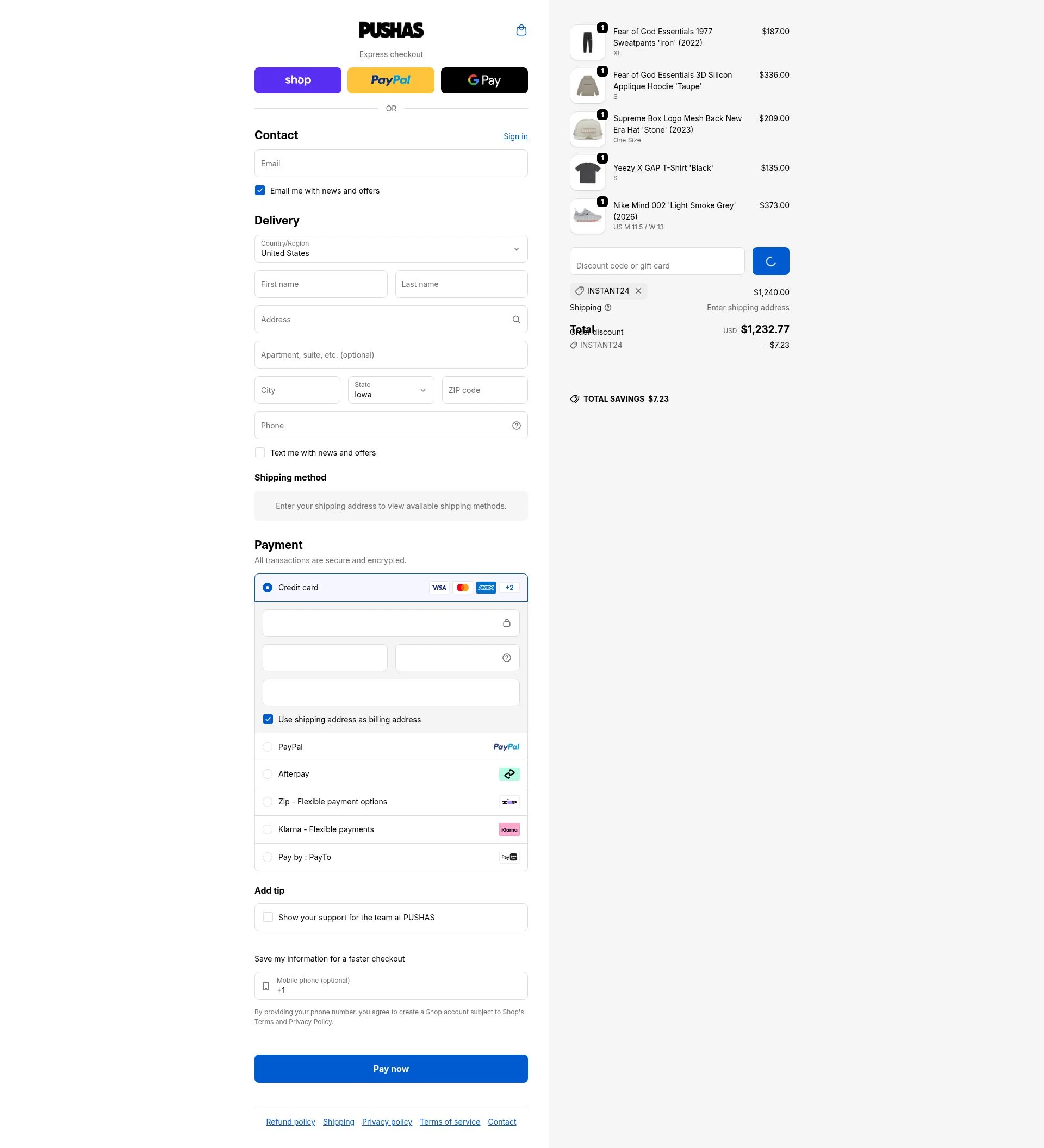 PUSHAS checkout page showing PUSHAS discount code box | Screenshot taken by SimplyCodes community member on Feb 13, 2026