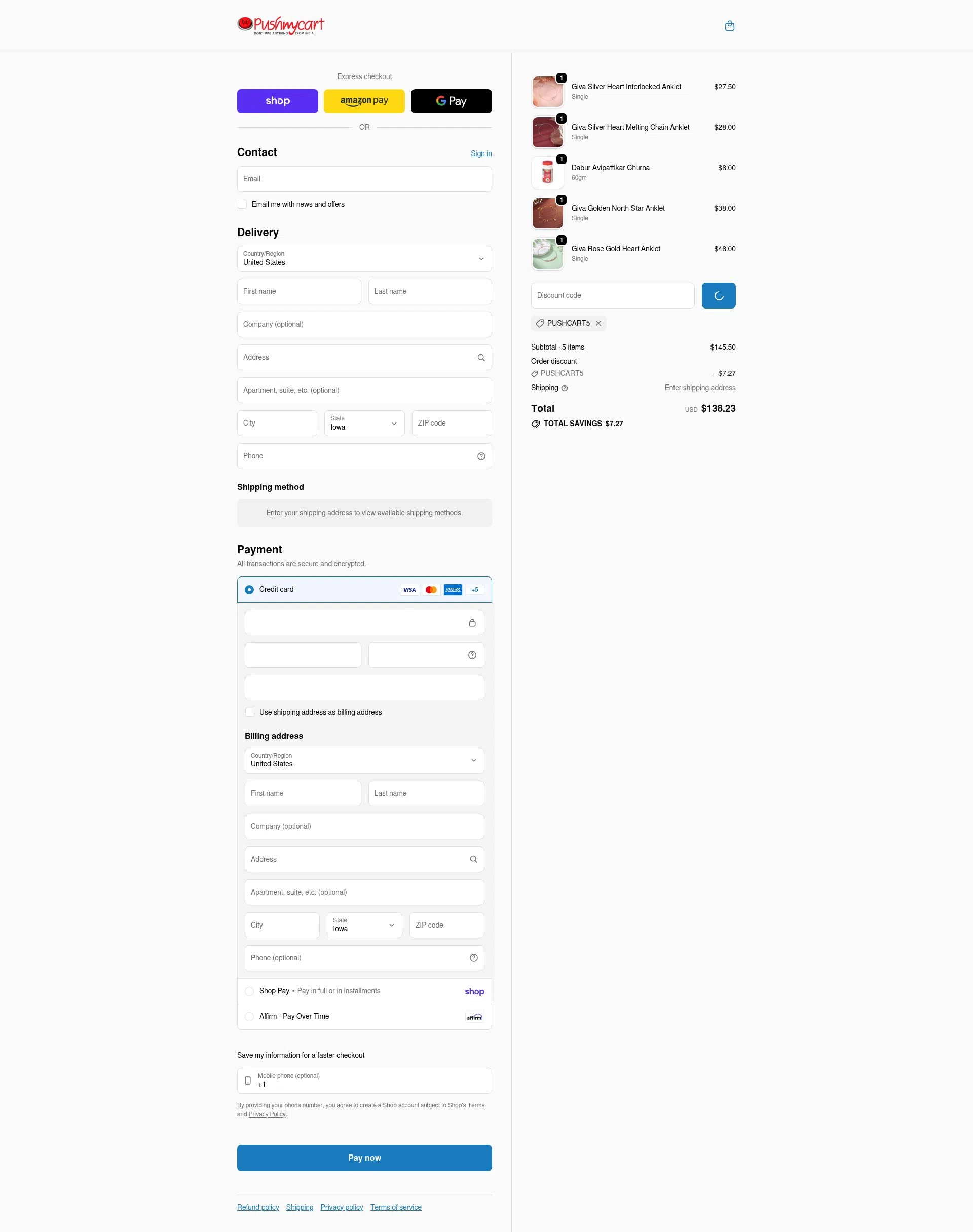Pushmycart checkout page showing Pushmycart discount code box | Screenshot taken by SimplyCodes community member on Feb 8, 2026