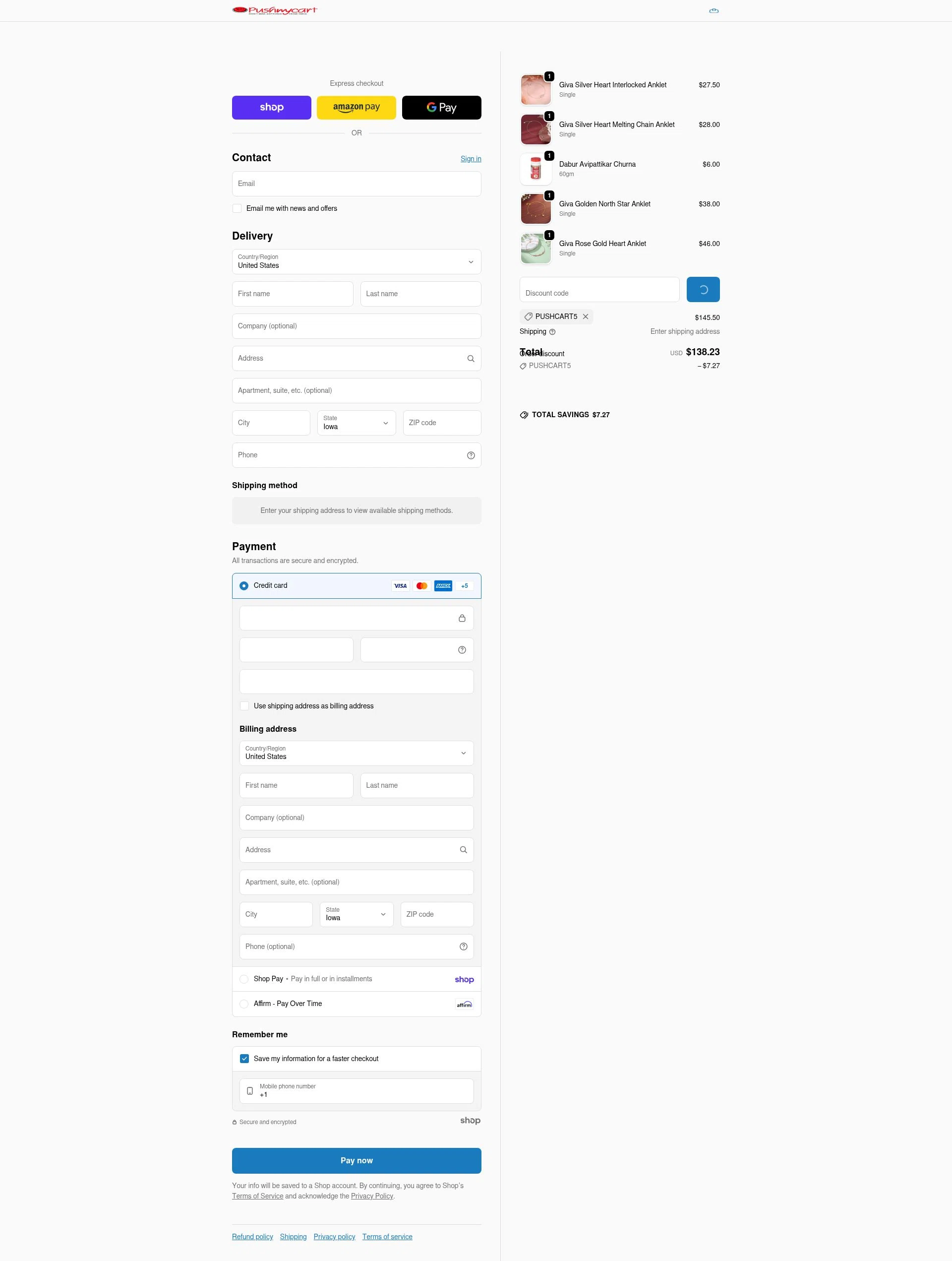 Pushmycart checkout page showing Pushmycart discount code box | Screenshot taken by SimplyCodes community member on Jan 26, 2026