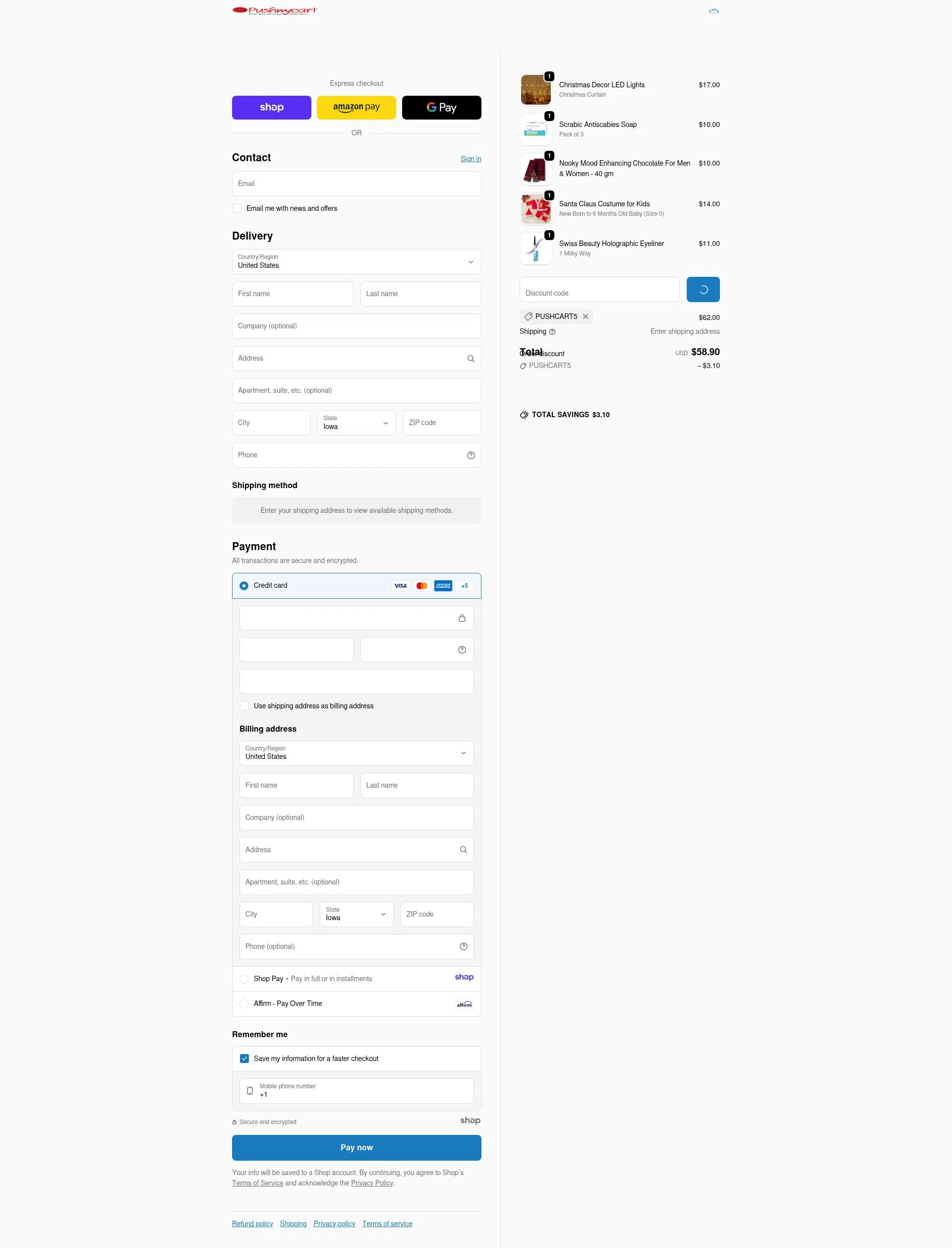 Pushmycart checkout page showing Pushmycart discount code box | Screenshot taken by SimplyCodes community member on Jan 2, 2026