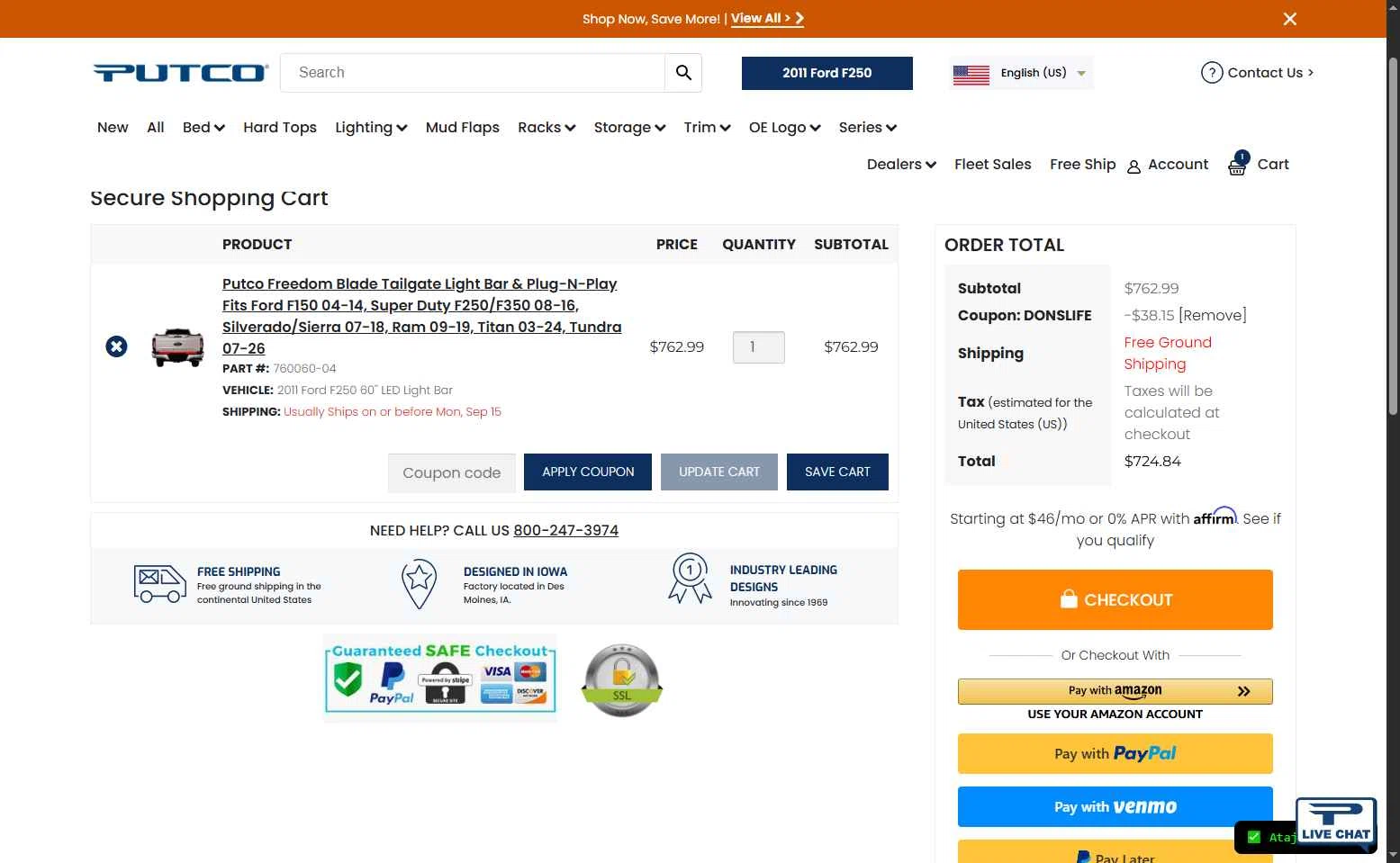Putco checkout page showing Putco coupon code box | Screenshot taken by SimplyCodes community member on Sep 12, 2025