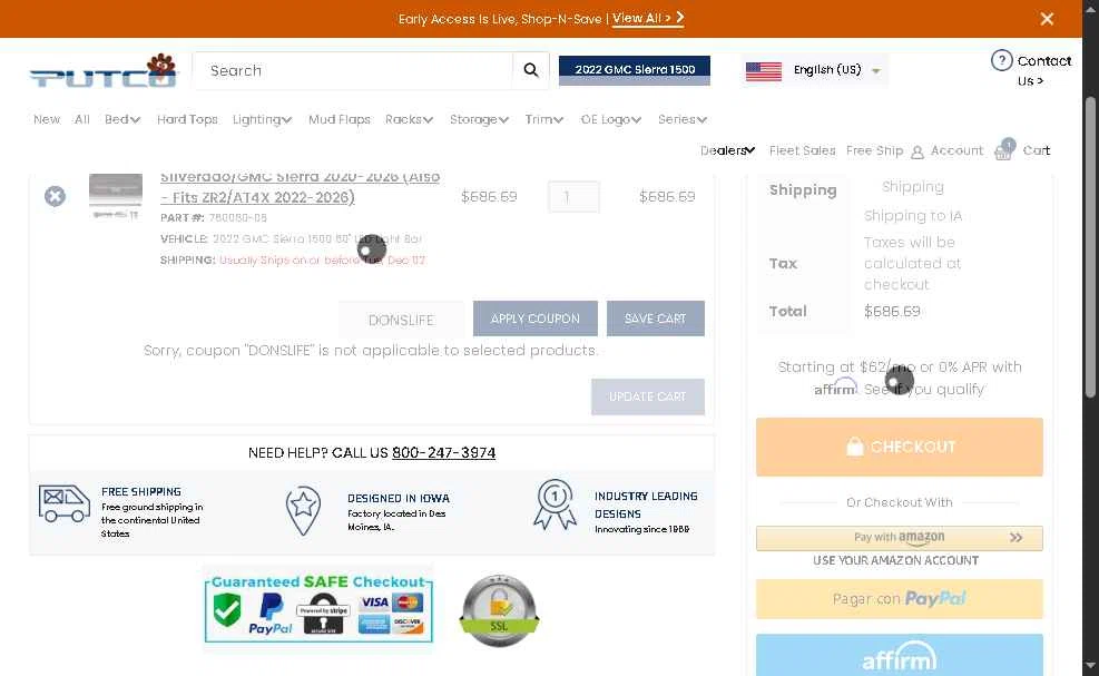 Putco checkout page showing Putco coupon code box | Screenshot taken by SimplyCodes community member on Nov 29, 2025