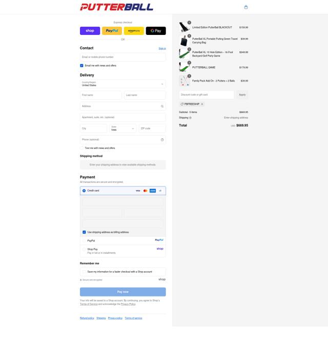 Putterball checkout page showing Putterball promo code box | Screenshot taken by SimplyCodes community member on Sep 11, 2025