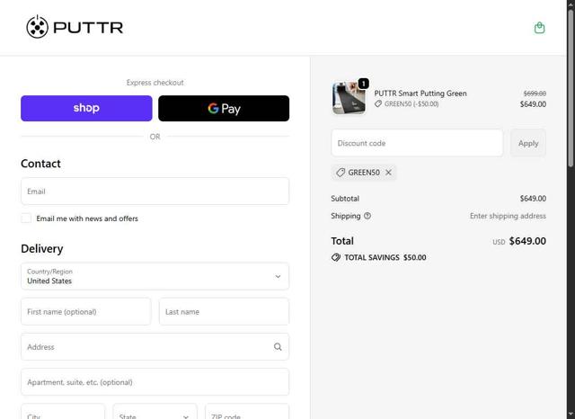 PUTTR checkout page showing PUTTR discount code box | Screenshot taken by SimplyCodes community member on Sep 26, 2025