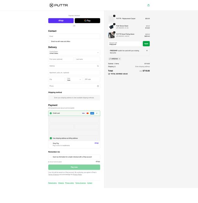 PUTTR checkout page showing PUTTR discount code box | Screenshot taken by SimplyCodes community member on Oct 2, 2025