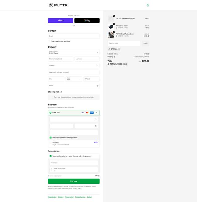 PUTTR checkout page showing PUTTR discount code box | Screenshot taken by SimplyCodes community member on Oct 2, 2025