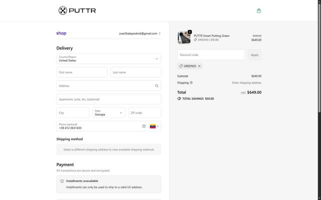 PUTTR checkout page showing PUTTR discount code box | Screenshot taken by SimplyCodes community member on Sep 26, 2025