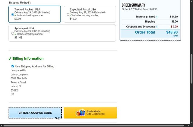 Puzzle Master checkout page showing Puzzle Master promo code box | Screenshot taken by SimplyCodes community member on Aug 16, 2025