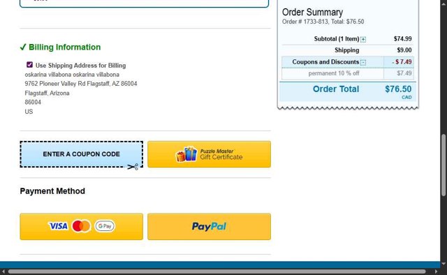 Puzzle Master checkout page showing Puzzle Master promo code box | Screenshot taken by SimplyCodes community member on Jul 22, 2025
