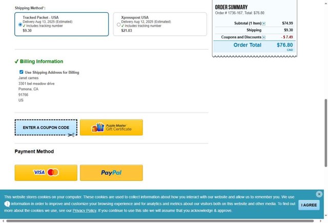 Puzzle Master checkout page showing Puzzle Master promo code box | Screenshot taken by SimplyCodes community member on Aug 4, 2025