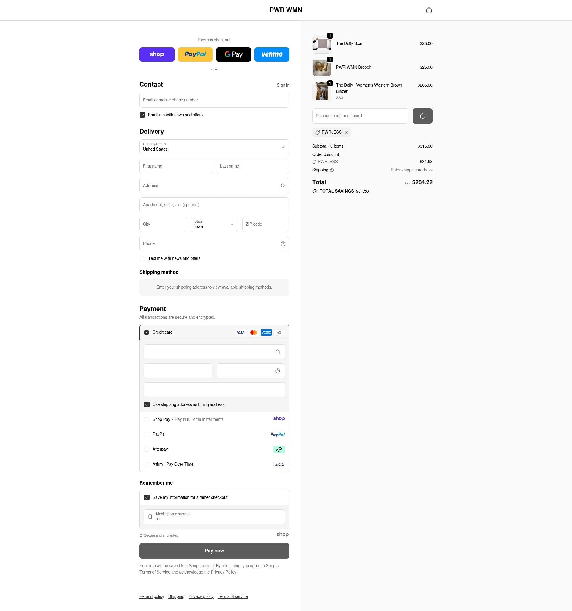 PWR WMN checkout page showing PWR WMN promo code box | Screenshot taken by SimplyCodes community member on Dec 31, 2025