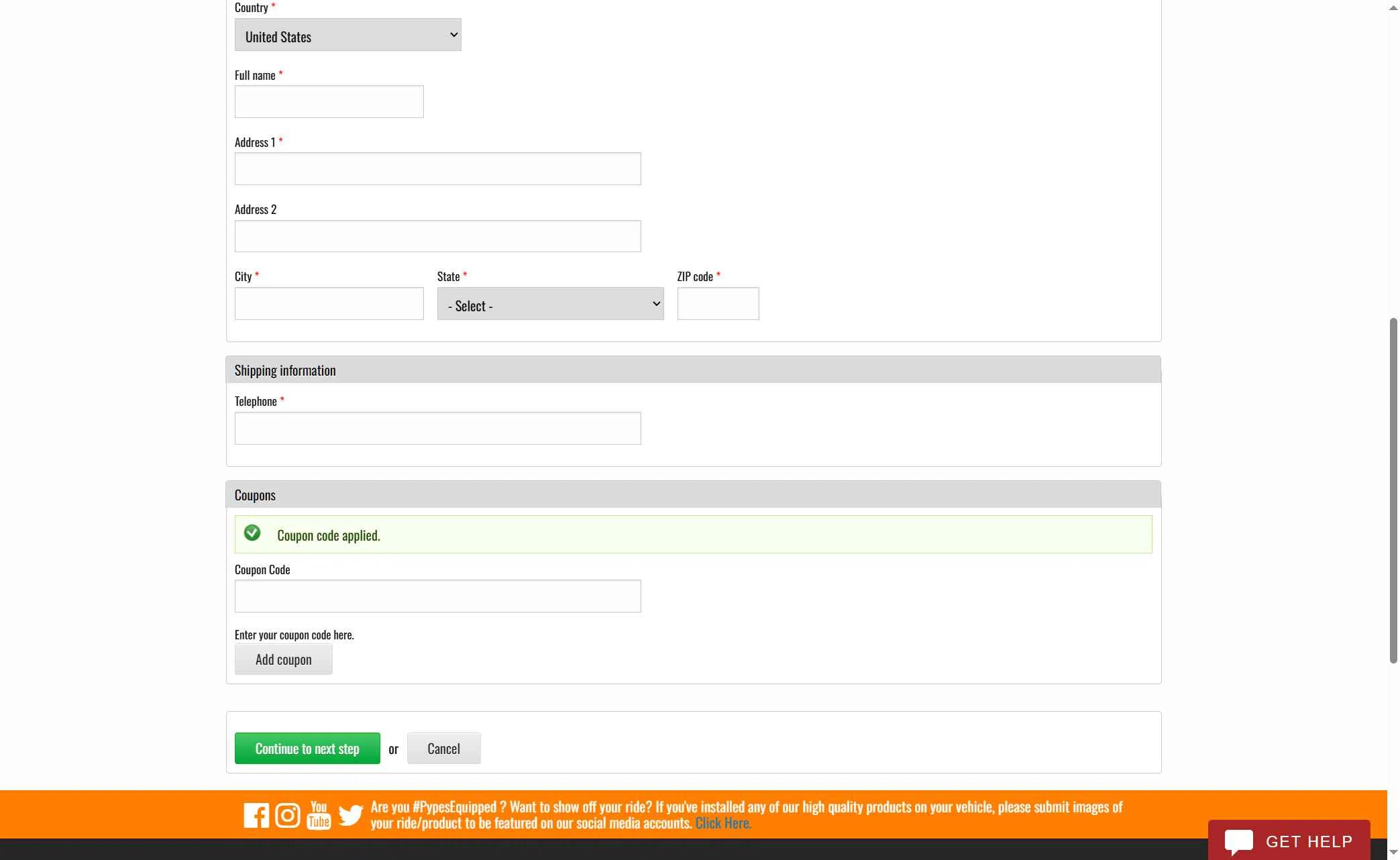 Pypes Performance Exhaust checkout page showing Pypes Performance Exhaust promo code box | Screenshot taken by SimplyCodes community member on Dec 15, 2025