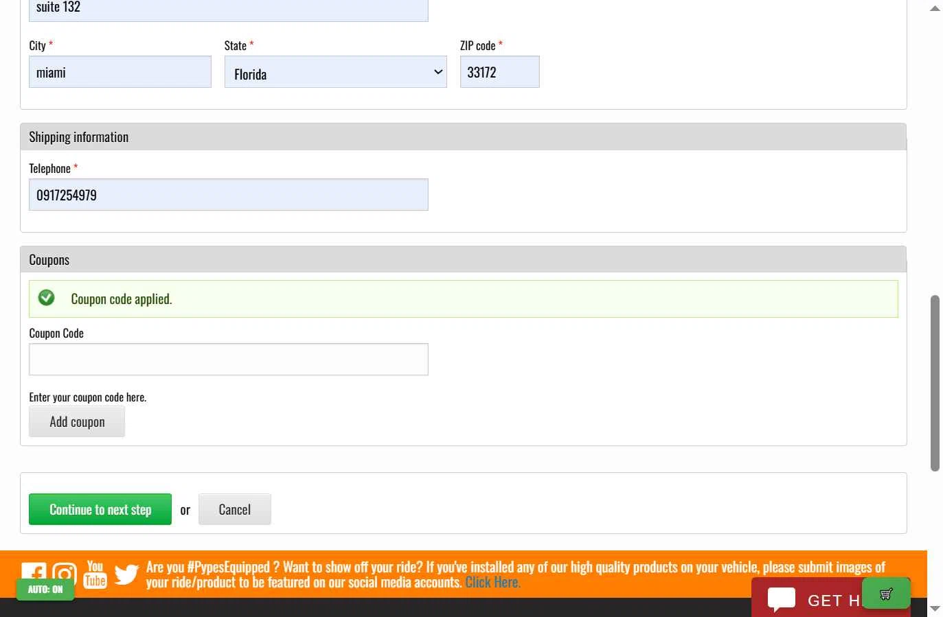 Pypes Performance Exhaust checkout page showing Pypes Performance Exhaust promo code box | Screenshot taken by SimplyCodes community member on Nov 19, 2025