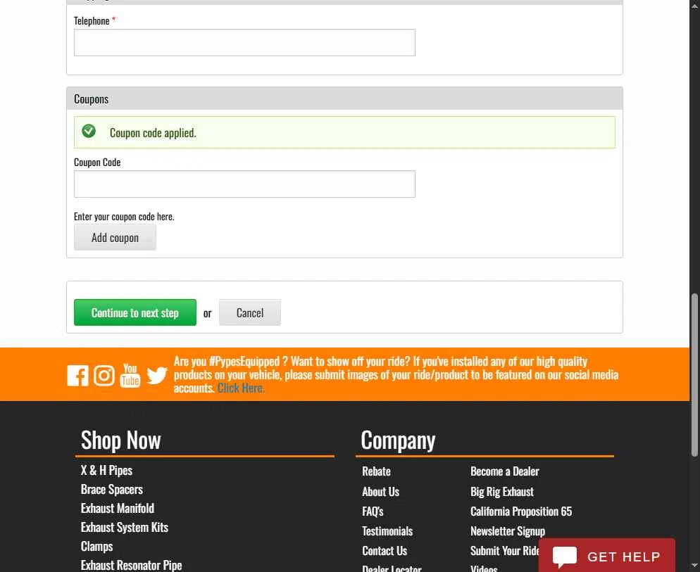 Pypes Performance Exhaust checkout page showing Pypes Performance Exhaust promo code box | Screenshot taken by SimplyCodes community member on May 21, 2025