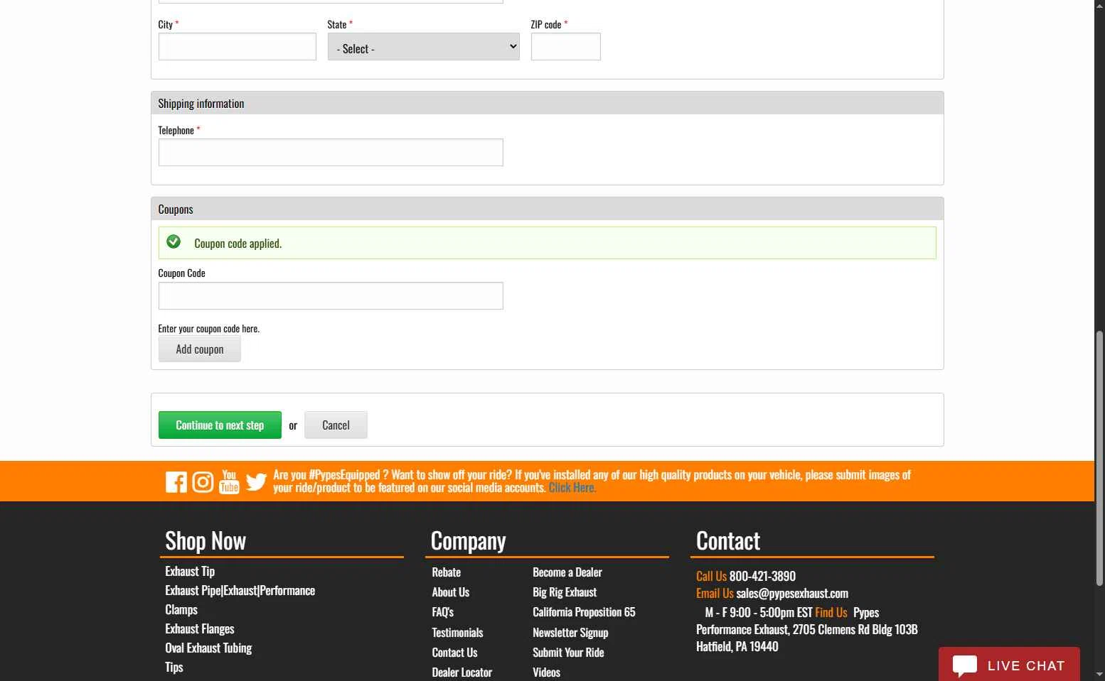 Pypes Performance Exhaust checkout page showing Pypes Performance Exhaust promo code box | Screenshot taken by SimplyCodes community member on Aug 6, 2025