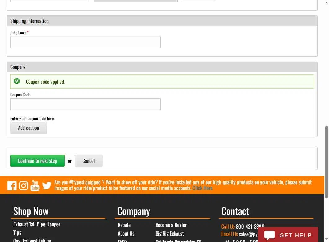 Pypes Performance Exhaust checkout page showing Pypes Performance Exhaust promo code box | Screenshot taken by SimplyCodes community member on May 21, 2025