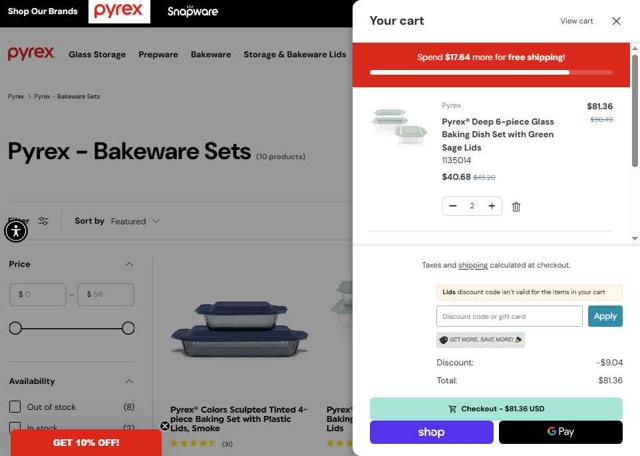 Pyrex checkout page showing Pyrex promo code box | Screenshot taken by SimplyCodes community member on Oct 5, 2025