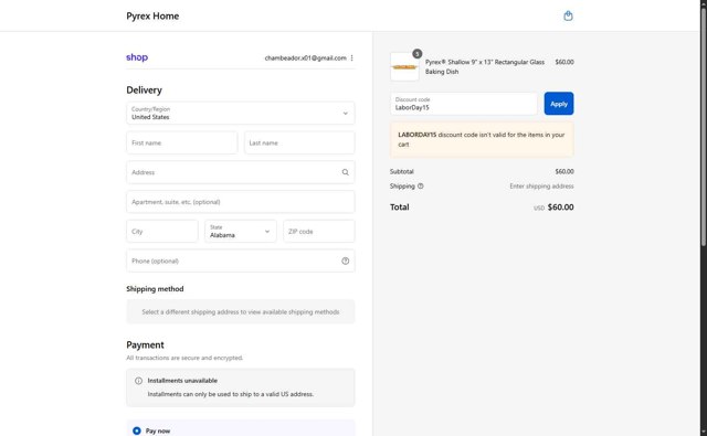 Pyrex checkout page showing Pyrex promo code box | Screenshot taken by SimplyCodes community member on Sep 6, 2025