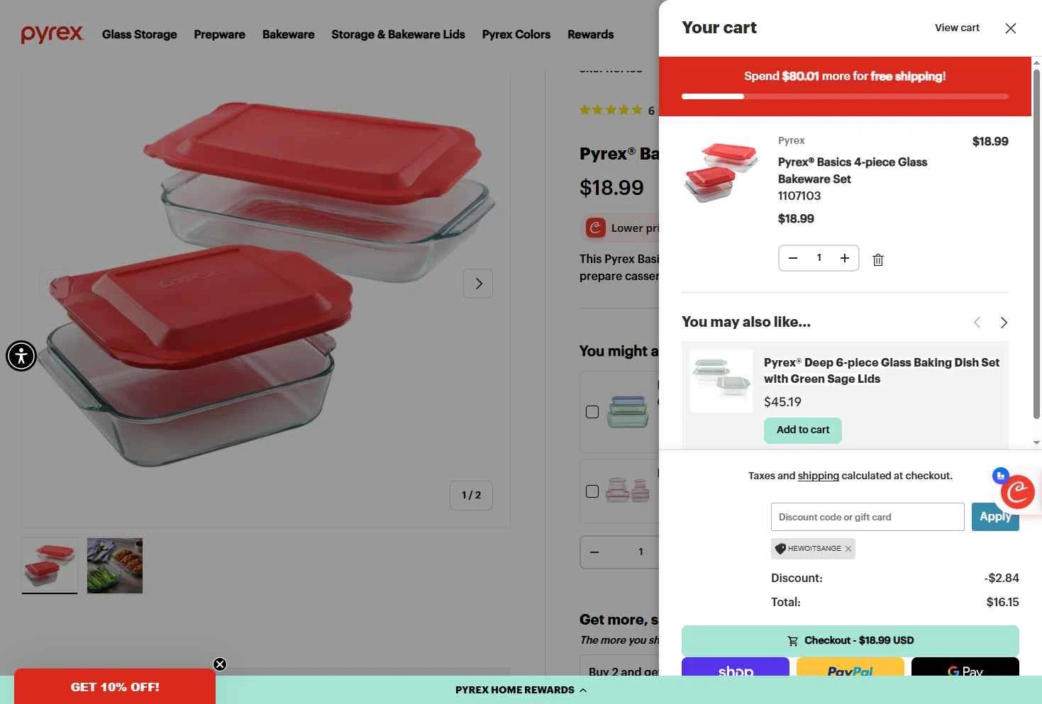 Pyrex checkout page showing Pyrex promo code box | Screenshot taken by SimplyCodes community member on Jan 25, 2026