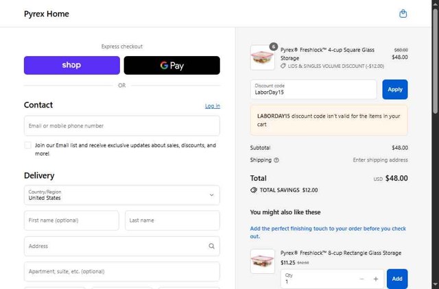 Pyrex checkout page showing Pyrex promo code box | Screenshot taken by SimplyCodes community member on Sep 2, 2025
