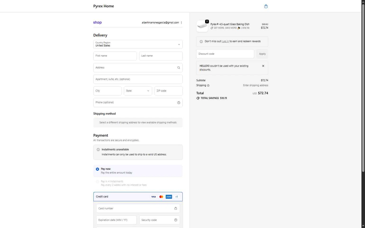 Pyrex checkout page showing Pyrex promo code box | Screenshot taken by SimplyCodes community member on Jan 5, 2026