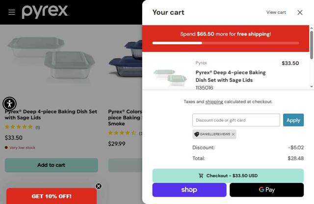 Pyrex checkout page showing Pyrex promo code box | Screenshot taken by SimplyCodes community member on Sep 29, 2025