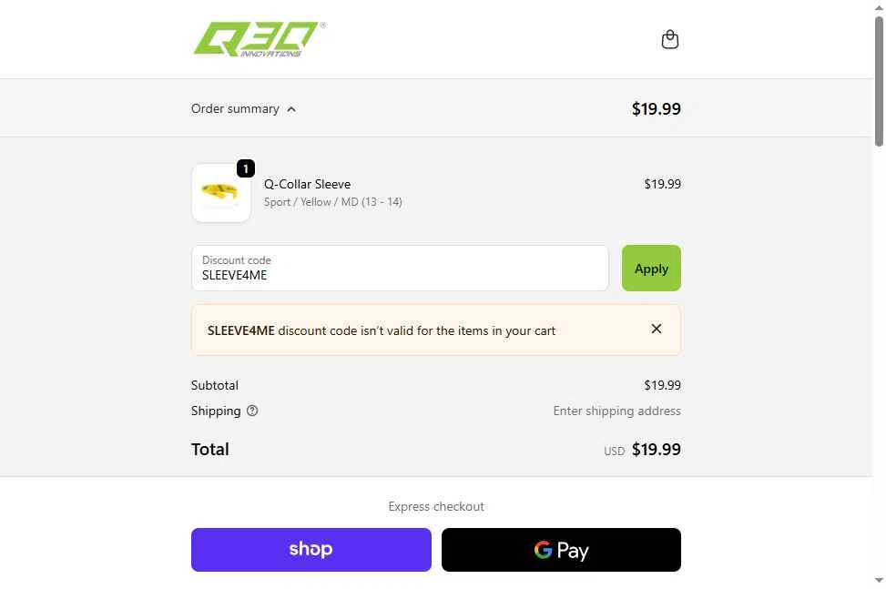 Q30 checkout page showing Q30 discount code box | Screenshot taken by SimplyCodes community member on Oct 7, 2025
