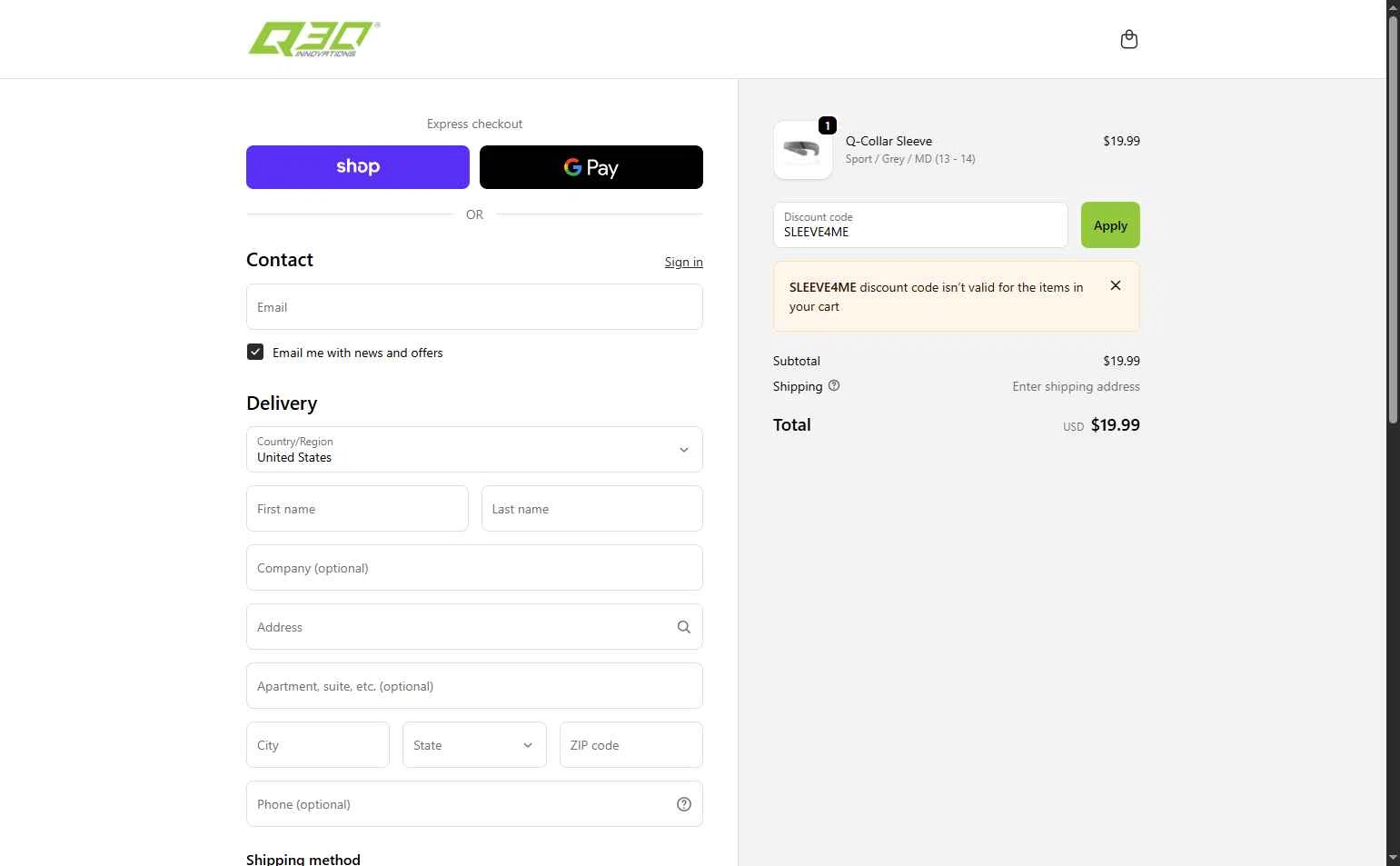 Q30 checkout page showing Q30 discount code box | Screenshot taken by SimplyCodes community member on Oct 7, 2025