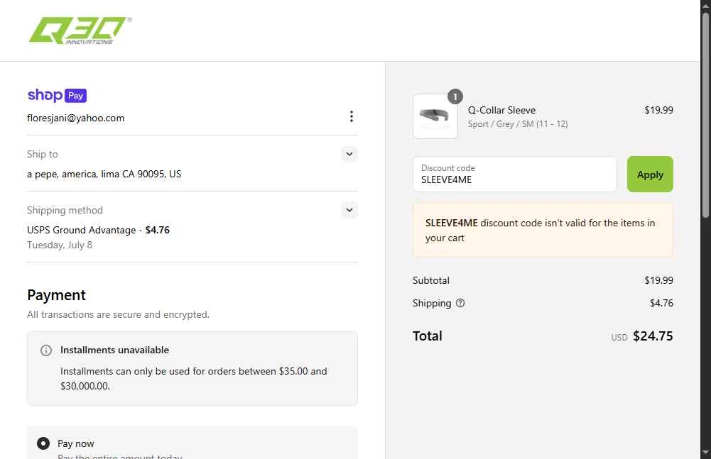 Q30 checkout page showing Q30 discount code box | Screenshot taken by SimplyCodes community member on Jul 1, 2025