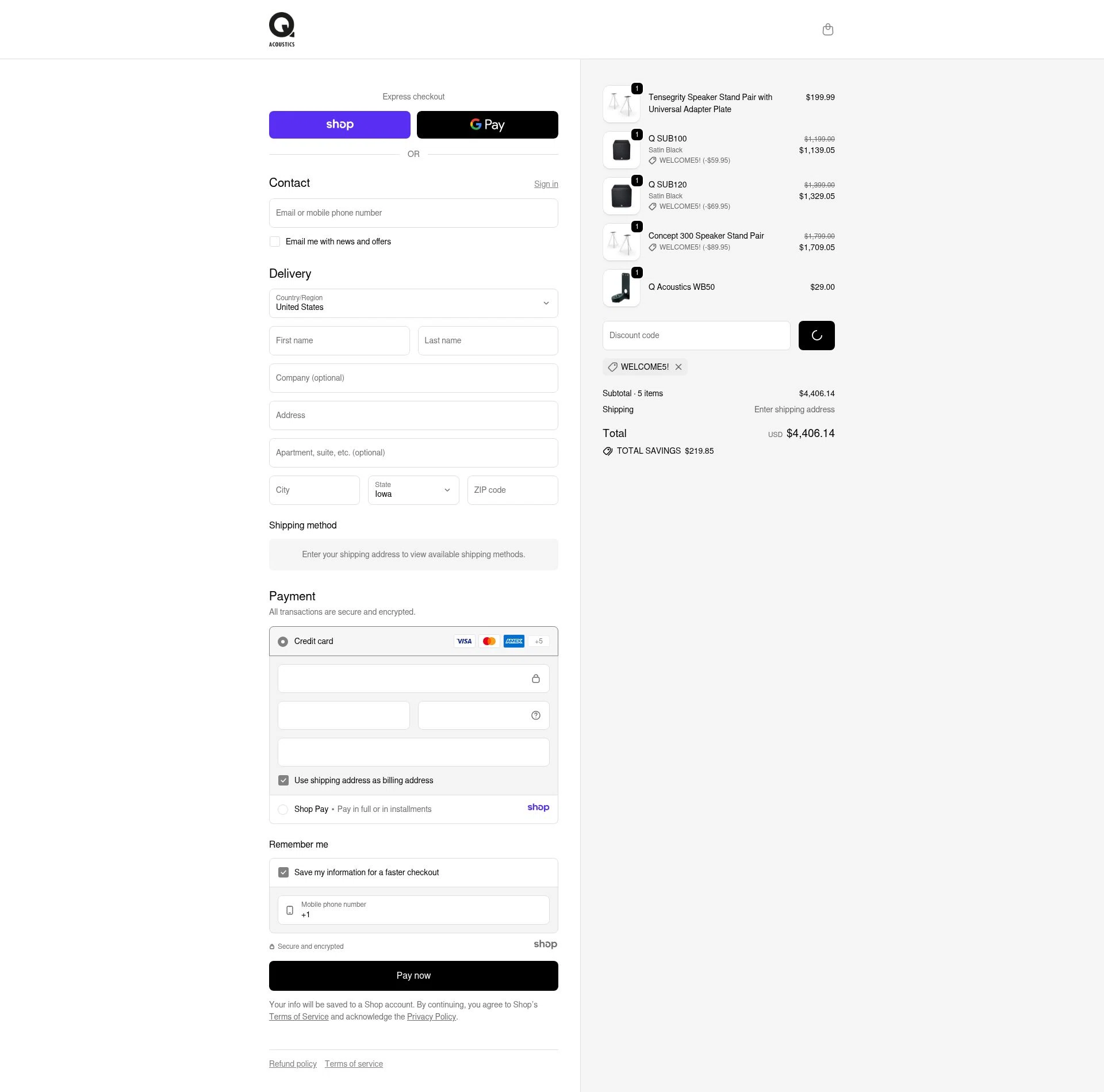 Q Acoustics checkout page showing Q Acoustics discount code box | Screenshot taken by SimplyCodes community member on Dec 28, 2025