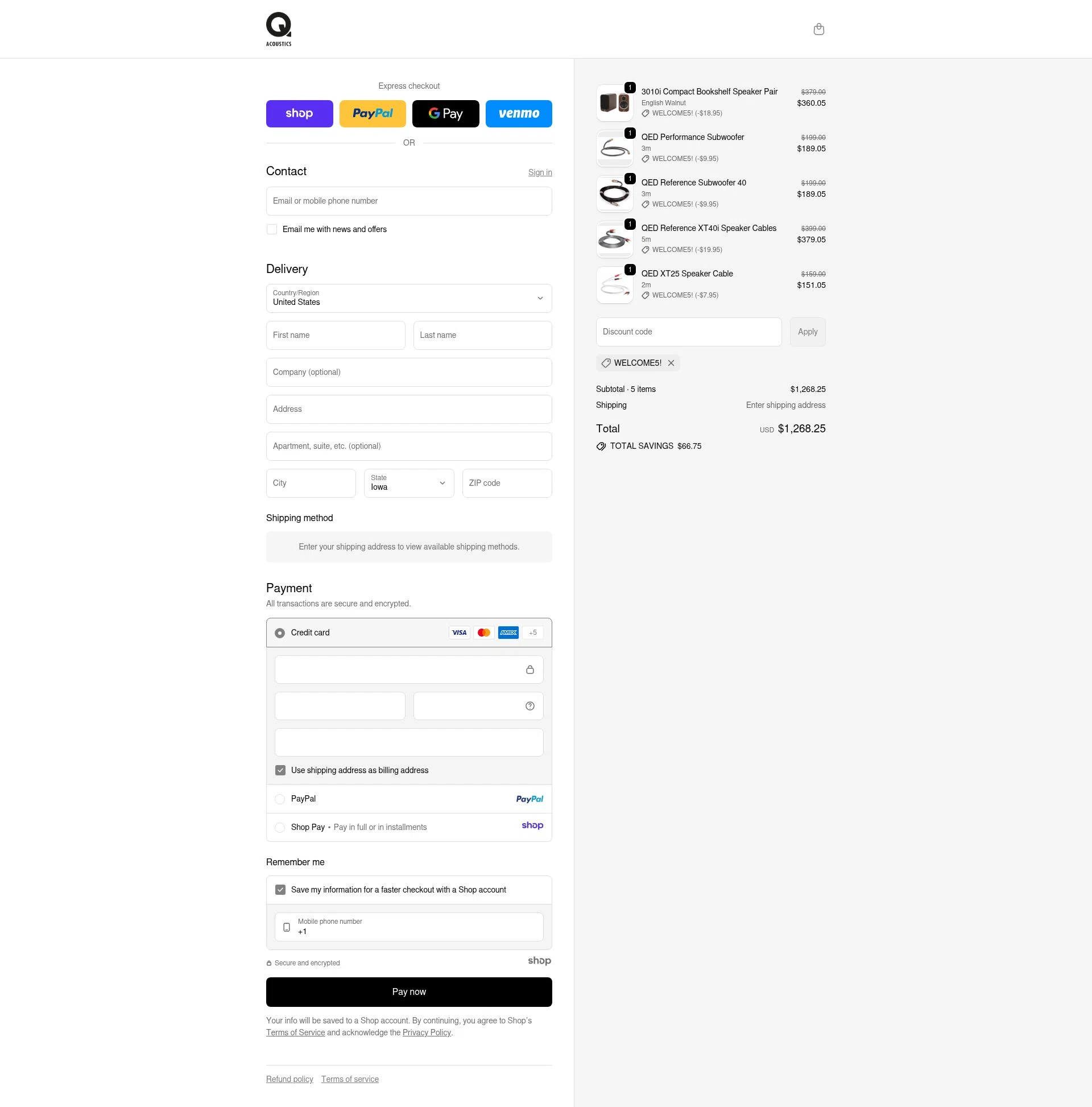 Q Acoustics checkout page showing Q Acoustics discount code box | Screenshot taken by SimplyCodes community member on Dec 5, 2025