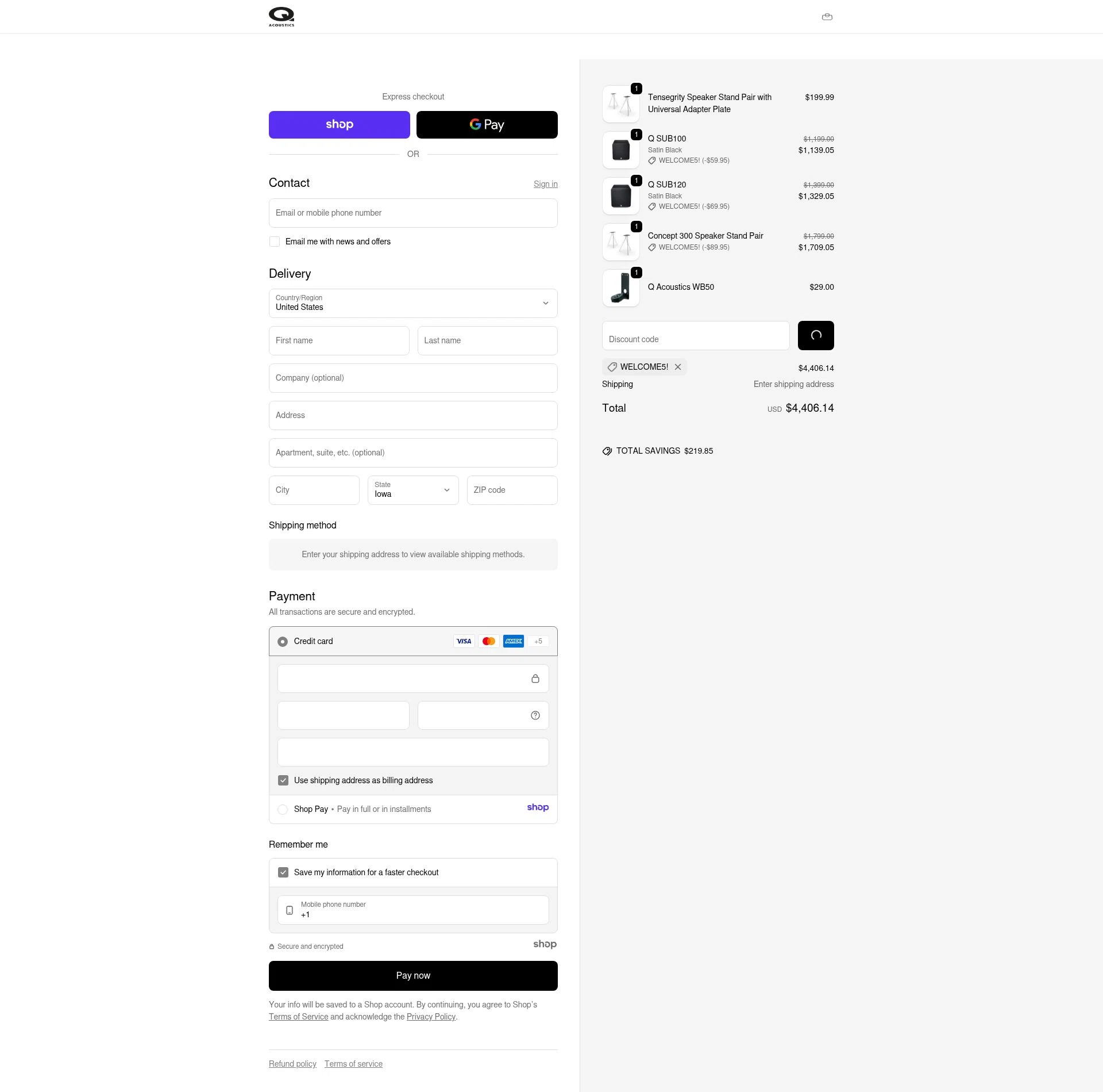 Q Acoustics checkout page showing Q Acoustics discount code box | Screenshot taken by SimplyCodes community member on Jan 2, 2026