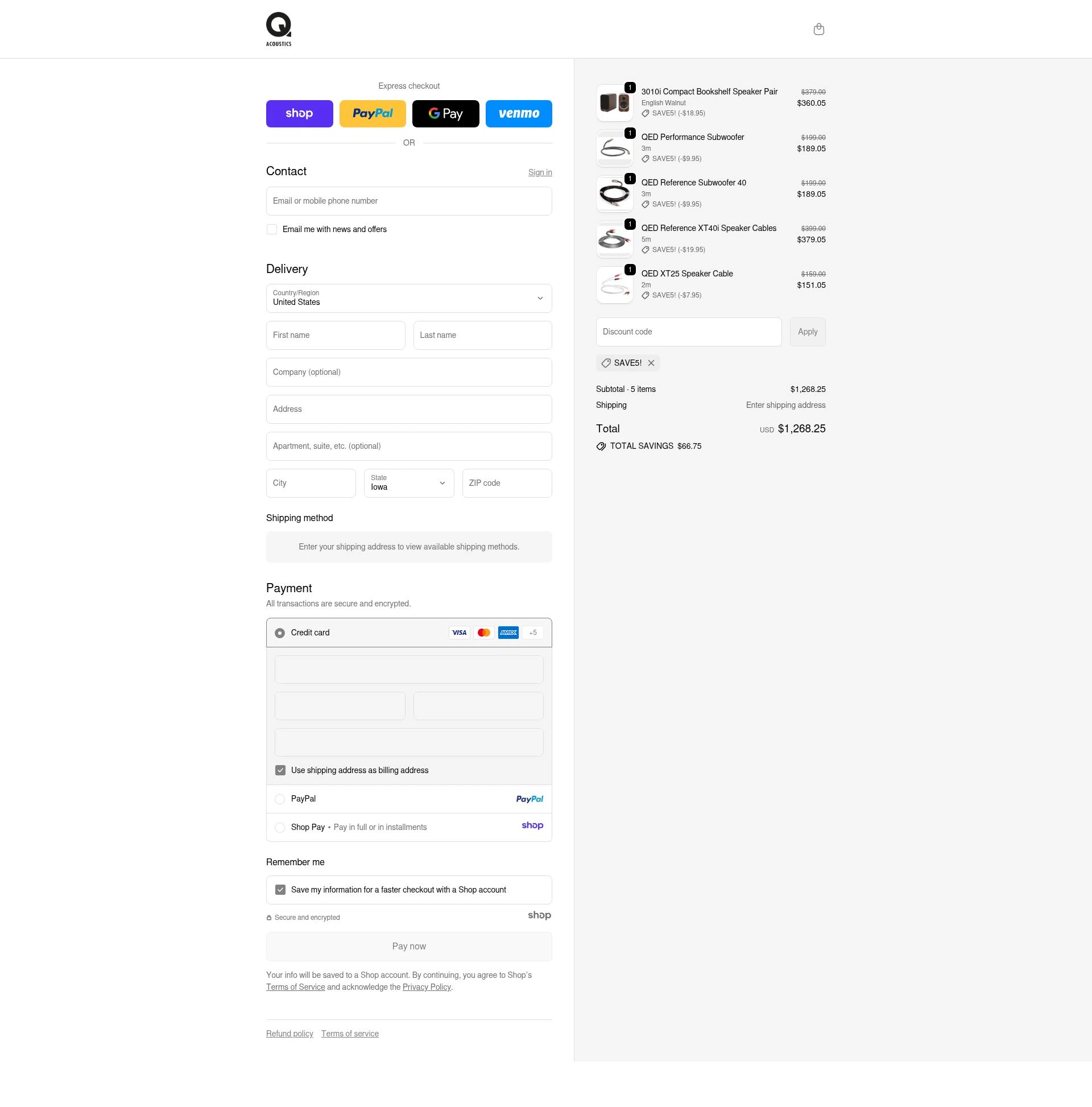 Q Acoustics checkout page showing Q Acoustics discount code box | Screenshot taken by SimplyCodes community member on Nov 24, 2025