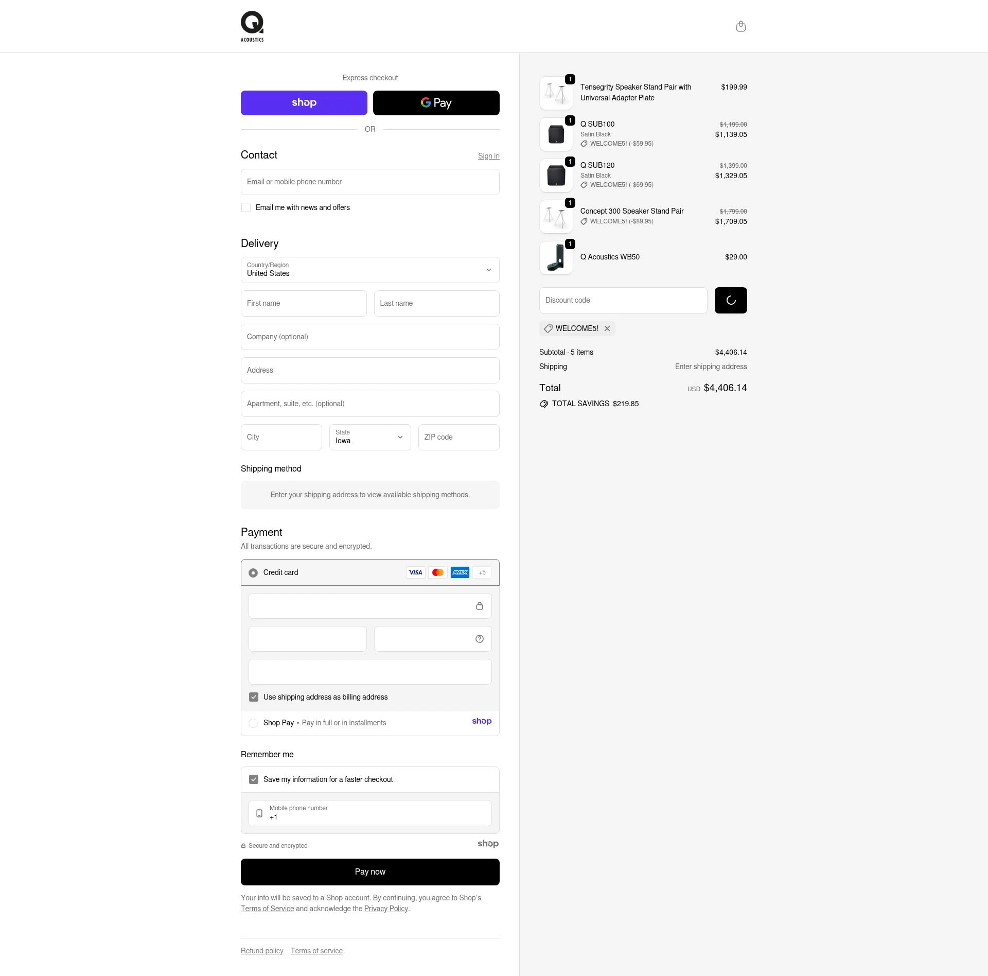 Q Acoustics checkout page showing Q Acoustics discount code box | Screenshot taken by SimplyCodes community member on Dec 16, 2025