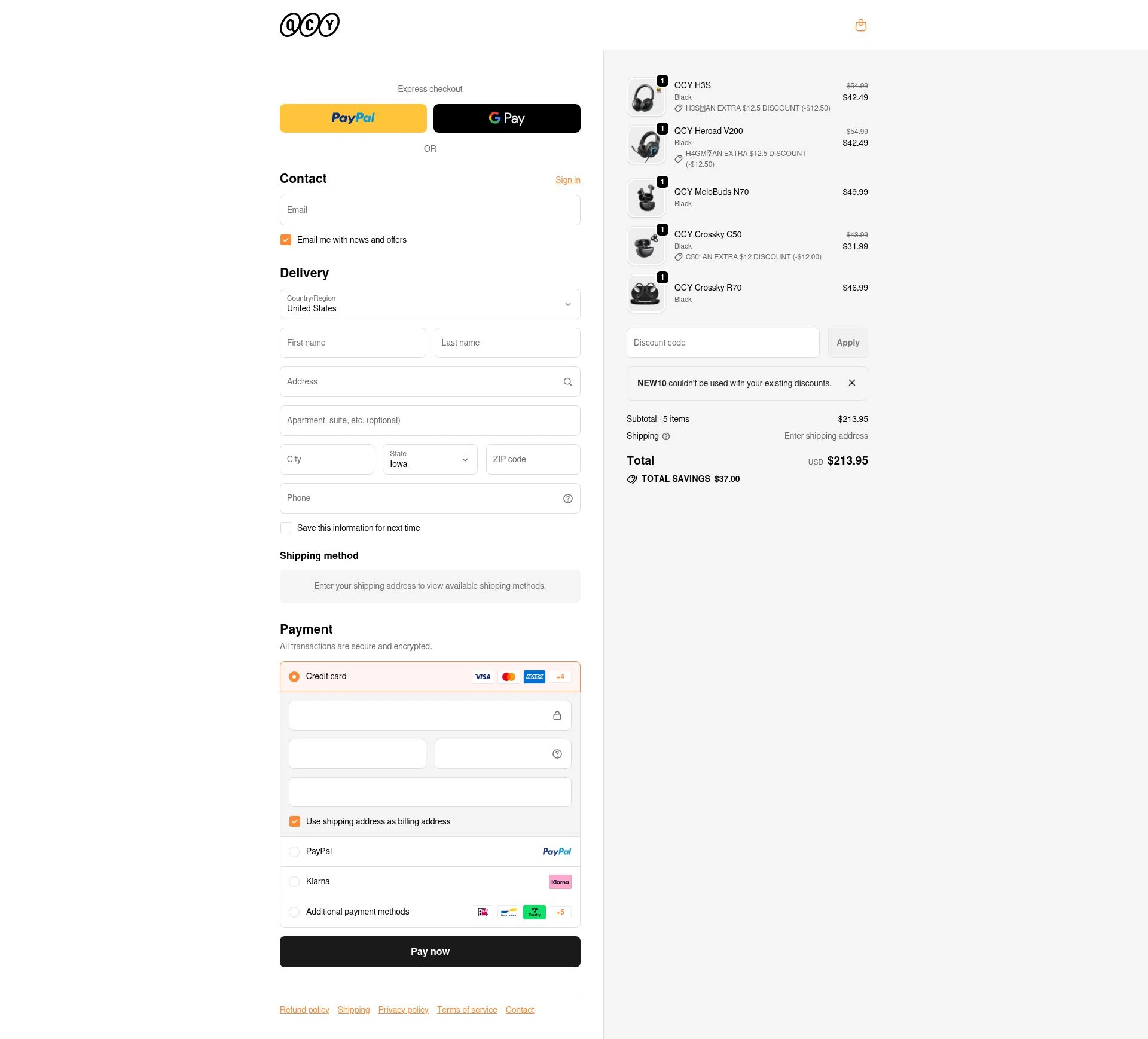 QCY checkout page showing QCY discount code box | Screenshot taken by SimplyCodes community member on Jan 2, 2026