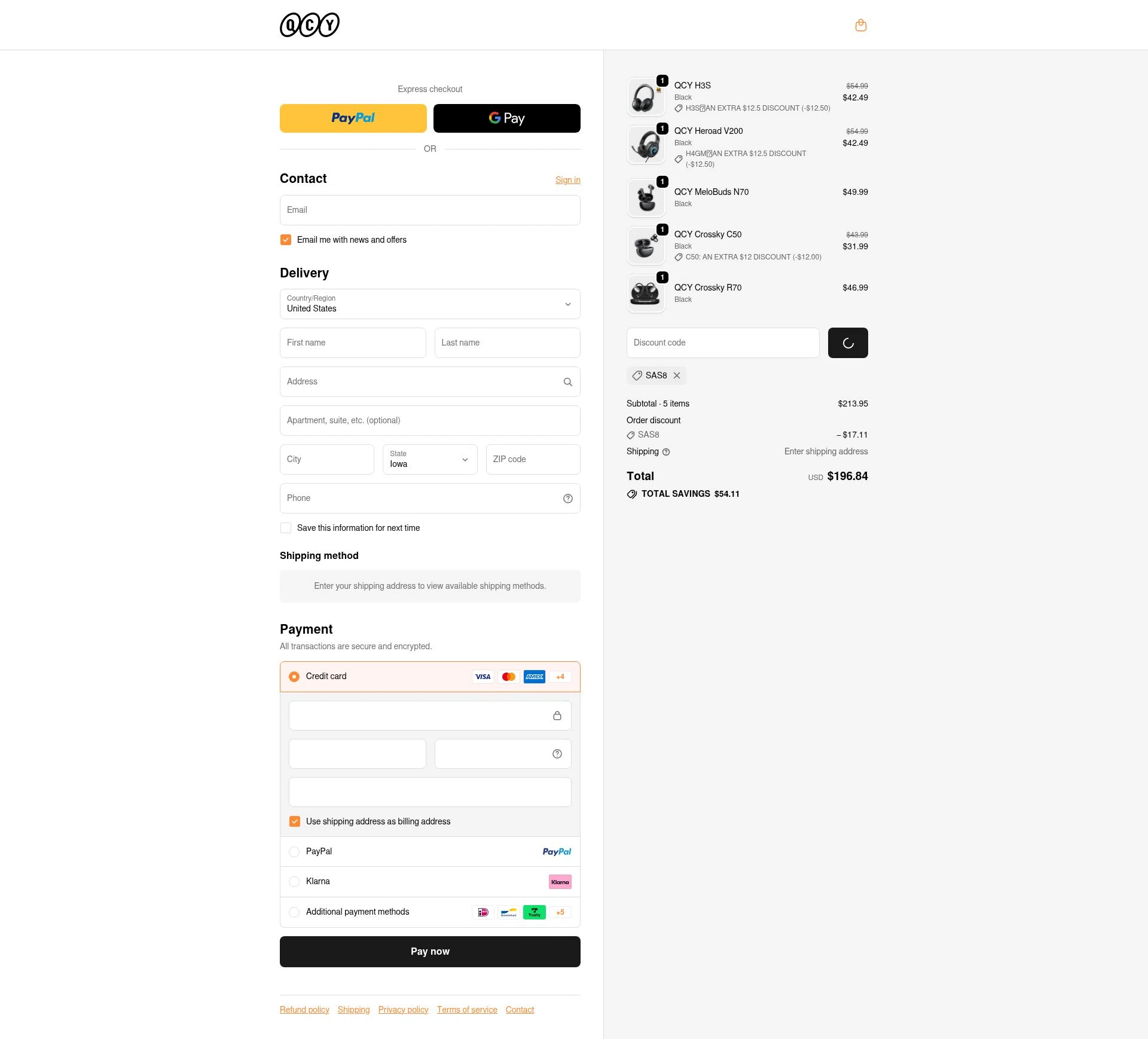 QCY checkout page showing QCY discount code box | Screenshot taken by SimplyCodes community member on Jan 2, 2026