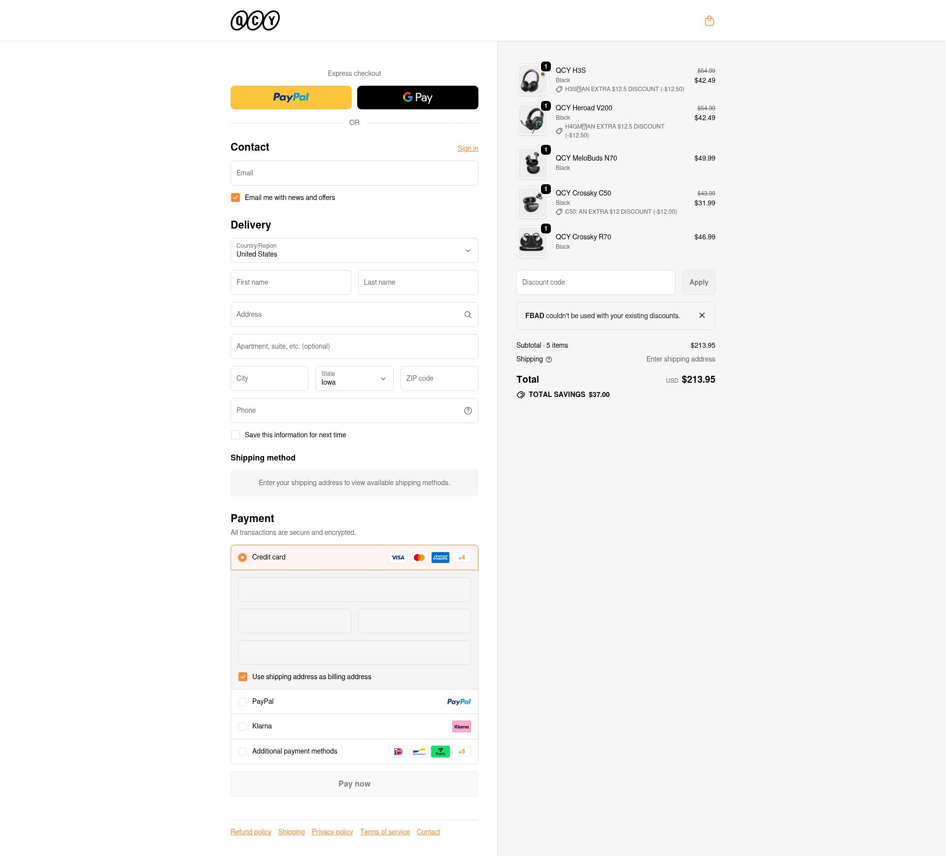 QCY checkout page showing QCY discount code box | Screenshot taken by SimplyCodes community member on Dec 28, 2025