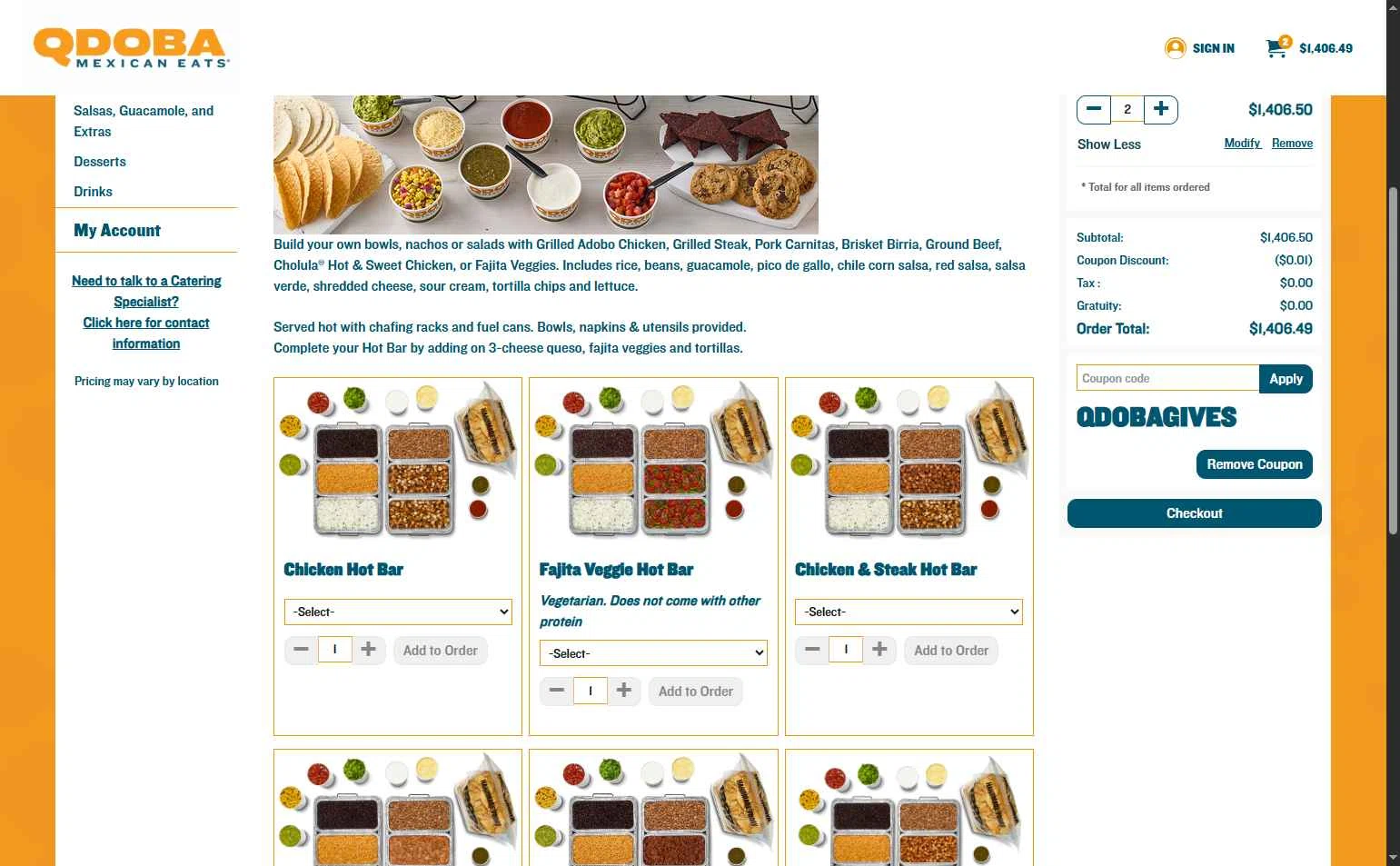Qdoba Mexican Grill checkout page showing Qdoba Mexican Grill promo code box | Screenshot taken by SimplyCodes community member on Sep 20, 2025