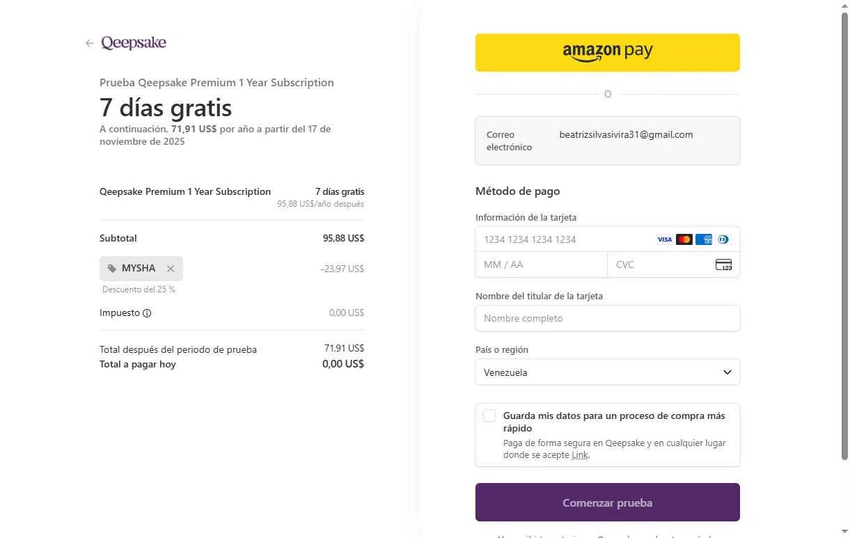 Qeepsake checkout page showing Qeepsake promo code box | Screenshot taken by SimplyCodes community member on Nov 10, 2025