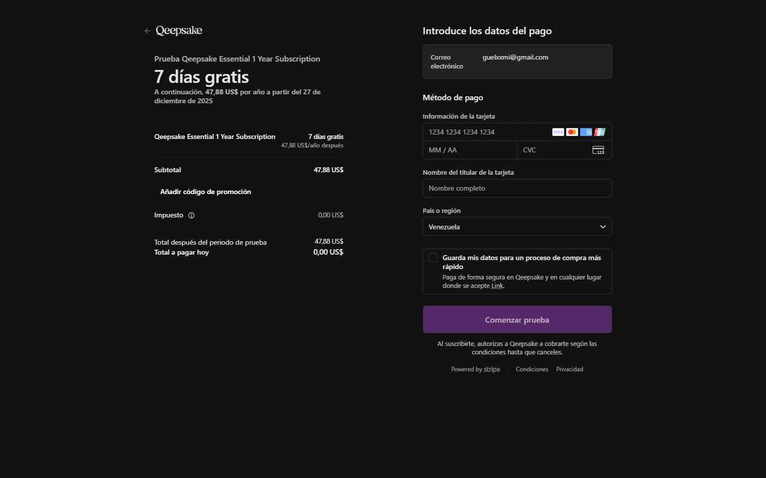 Qeepsake checkout page showing Qeepsake promo code box | Screenshot taken by SimplyCodes community member on Dec 20, 2025