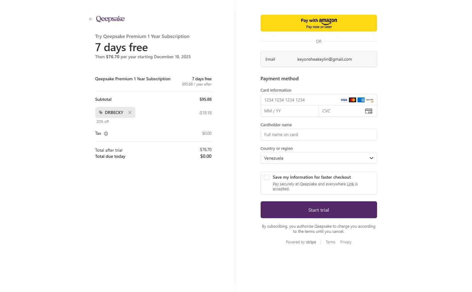 Qeepsake checkout page showing Qeepsake promo code box | Screenshot taken by SimplyCodes community member on Dec 11, 2025