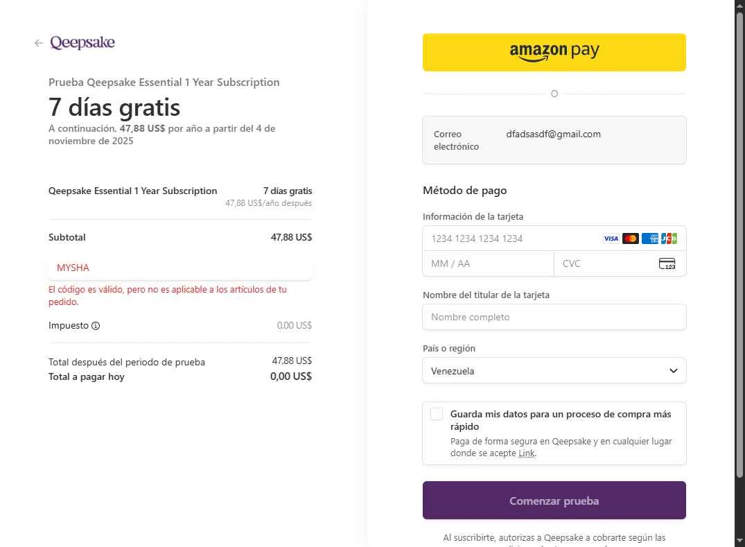 Qeepsake checkout page showing Qeepsake promo code box | Screenshot taken by SimplyCodes community member on Oct 28, 2025