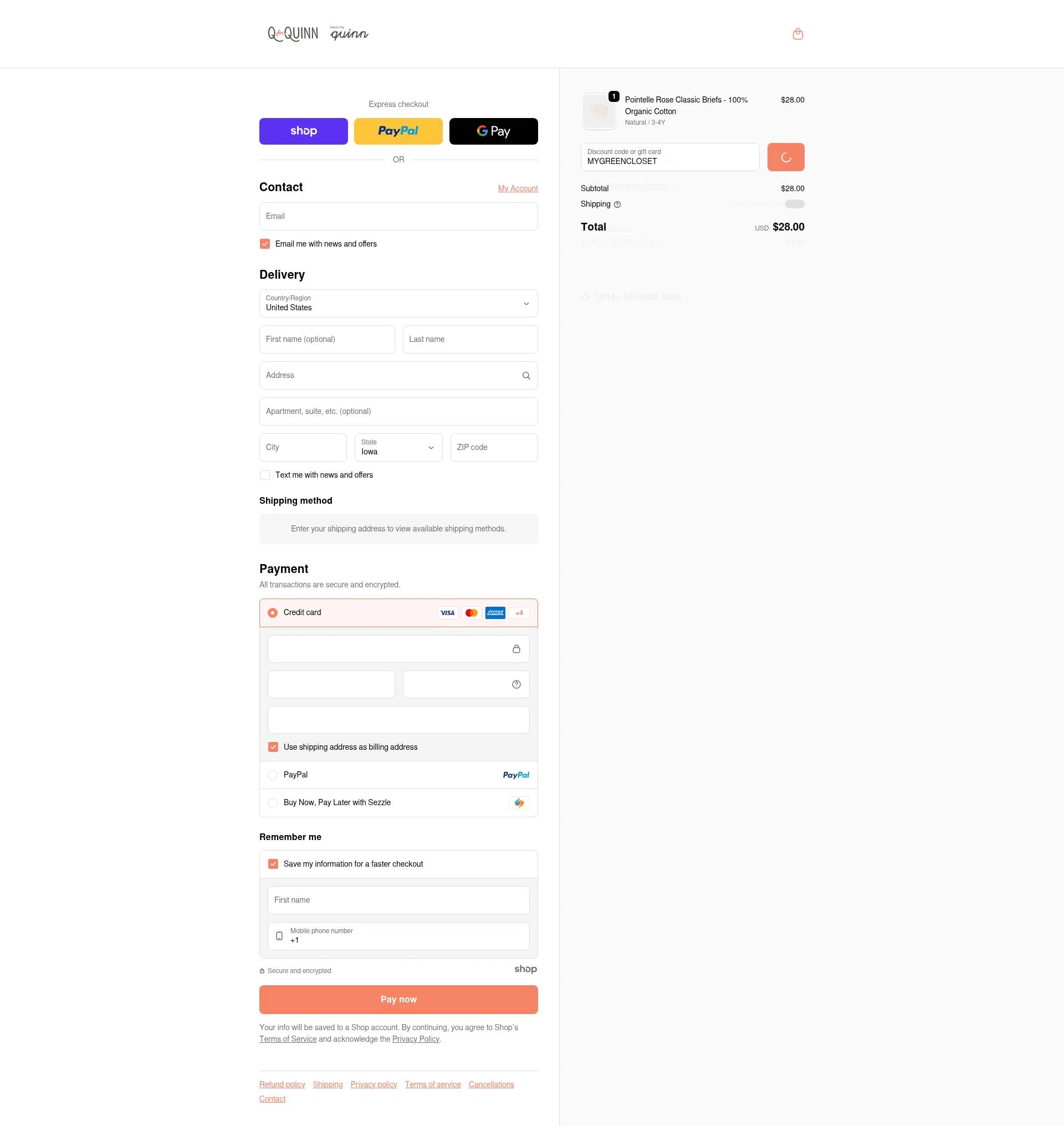 Q for Quinn checkout page showing Q for Quinn discount code box | Screenshot taken by SimplyCodes community member on Dec 28, 2025