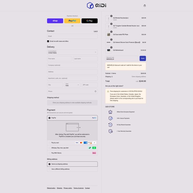 QIDI Technology checkout page showing QIDI Technology promo code box | Screenshot taken by SimplyCodes community member on Sep 2, 2025