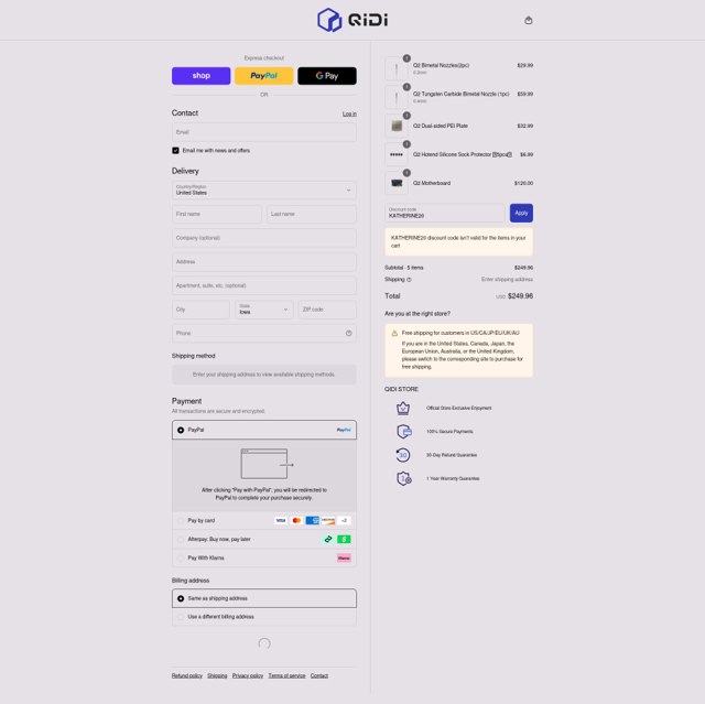 QIDI Technology checkout page showing QIDI Technology promo code box | Screenshot taken by SimplyCodes community member on Sep 2, 2025