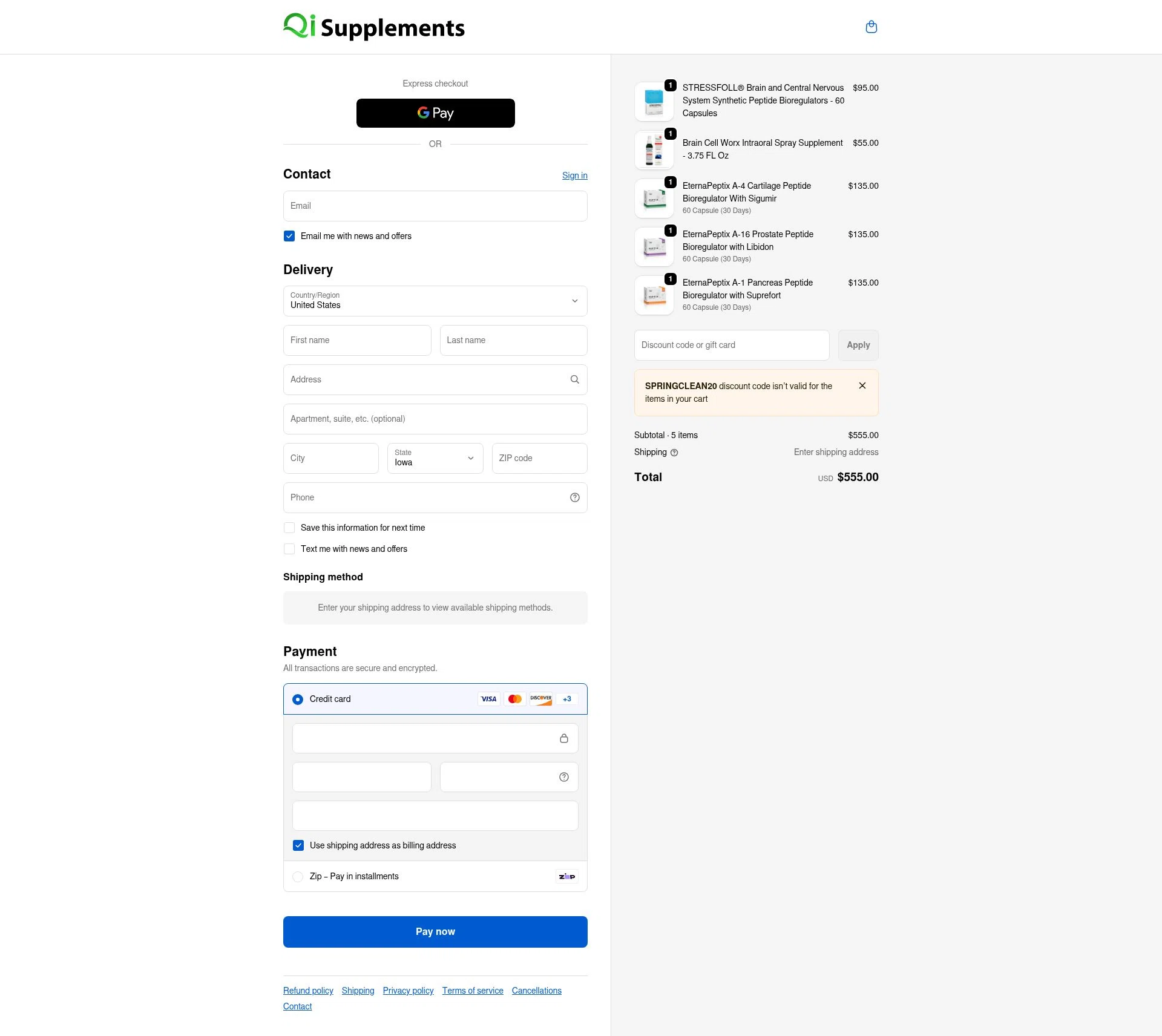 QI Supplements checkout page showing QI Supplements discount code box | Screenshot taken by SimplyCodes community member on Feb 9, 2026