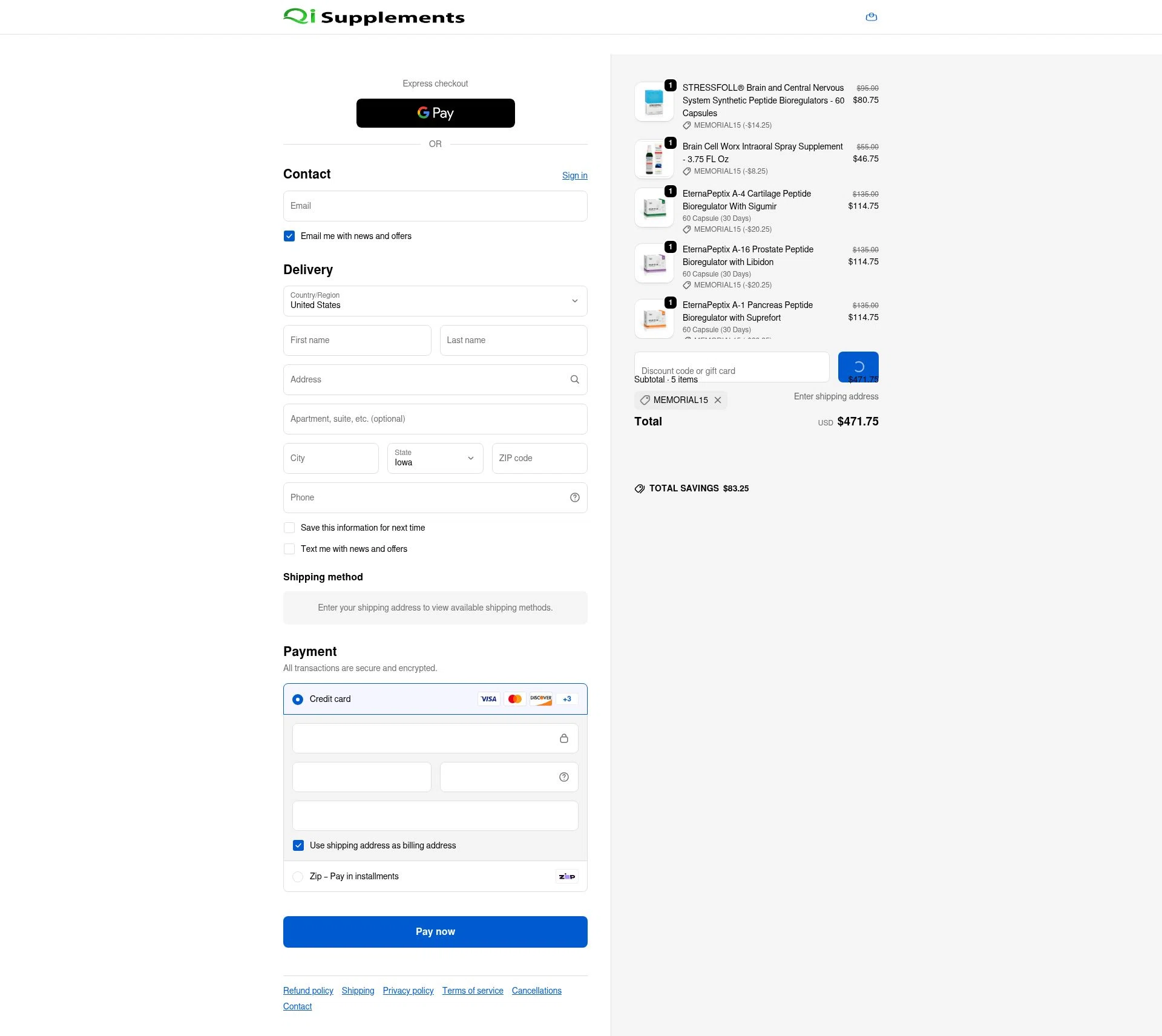 QI Supplements checkout page showing QI Supplements discount code box | Screenshot taken by SimplyCodes community member on Feb 9, 2026