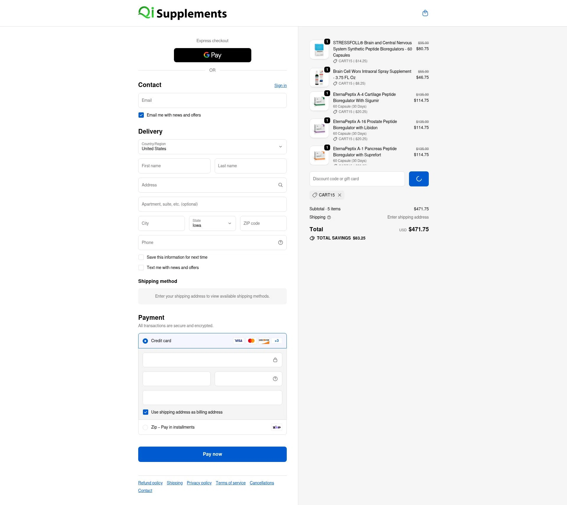 QI Supplements checkout page showing QI Supplements discount code box | Screenshot taken by SimplyCodes community member on Feb 9, 2026