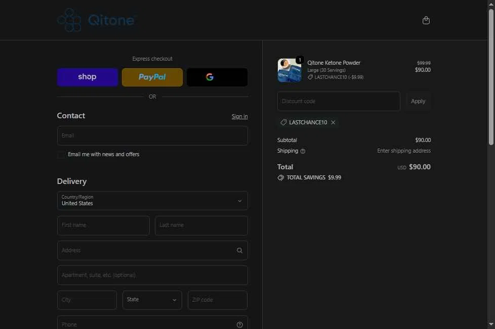 Qitone checkout page showing Qitone promo code box | Screenshot taken by SimplyCodes community member on Nov 11, 2025